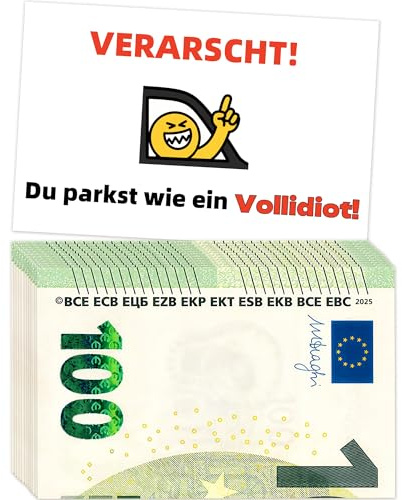 100 Stück Auto Gadgets Falschparker-Karten, Lustige Scheisse Geparkt, Auto Gadgets Falschparker Karten, Grün 100€ Geldschein-Design 85x55mm