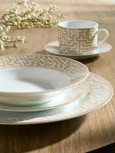 Waterside 20pc Mosaic Cream & Gold Porcelain Dinnerware Set; 4 Dinner Plates, Side Plates, Soup Bowls and Cup & Saucers