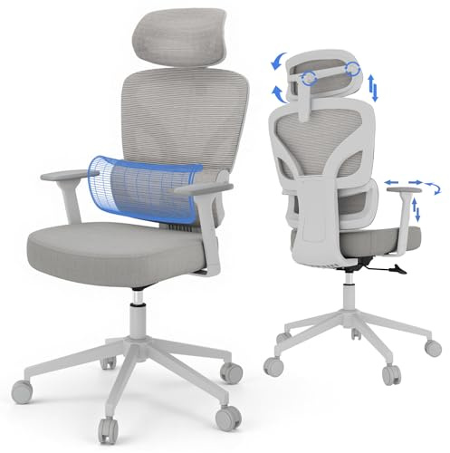 DSNAPE Bürostuhl Ergonomisch, Schreibtischstuhl mit 3D Armlehnen, Grau | Höhenverstellbarer Home Office Chair, Drehstuhl mit Verstellbarer Kopfstütze, Adaptive Lendenstütze, Belastbar bis 135 kg