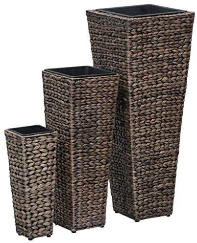 SKTQYQO Set di 3 Letti Rialzati in Giacinto Intrecciato Marrone Scuro con Vasi Interni Rimovibili per Piante da Interno Rustiche e Decorazioni Floreali Questo set comprende tre