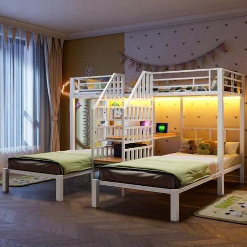 Litera de 90 x 200 cm con LED, cama alta para niños, con 2 puertos USB + 1 toma de corriente, 3 camas, escalera integrada con espacio de almacenamiento, escritorio con estante, color blanco