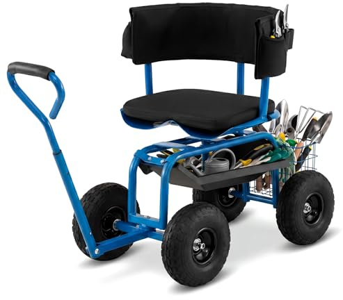 COSTWAY Carrello da Giardino, Sgabello con Ruote Girevole a 360°, Cuscino Imbottito, Schienale, Cestino, Tasca e Vassoio Porta Attrezzi, Carriola da Giardino e Cortile, 96 x 46 x 78-87 cm (Blu)