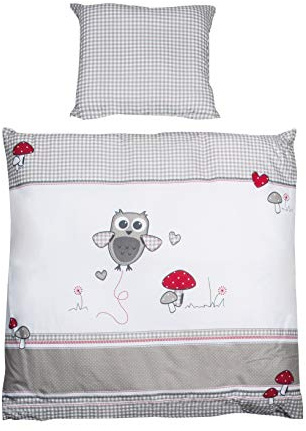 roba Babybettwäsche 80 x 80 cm - Adam & Eule - Bettwäsche Set 2 teilig für Babys - Decken & Kissenbezug mit Eulen Motiv für Mädchen & Jungen - Baumwolle - Mehrfarbig