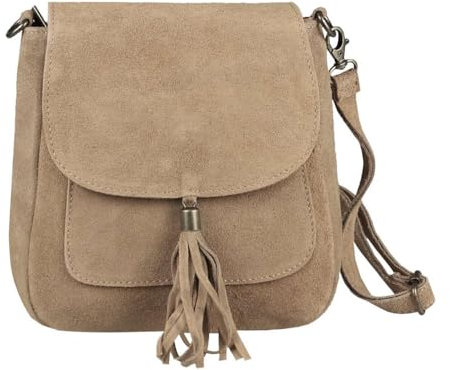 Made in Italy Damen Leder Tasche Messenger Bag Henkeltasche Wildleder Handtasche Umhängetasche Ledertasche Schultertasche Beuteltasche Fransen Cross-Over Taupe (Hell)