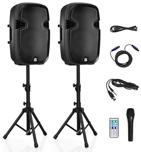 Costzon 2-Way Powered PA Speakers System Combo Set, 12 2000W Portable Dual Passive Active Speaker with Stands, Bluetooth, TWS, USB/SD Card, AUX MP3 FM Radio, Microphone, Remote Control (12)