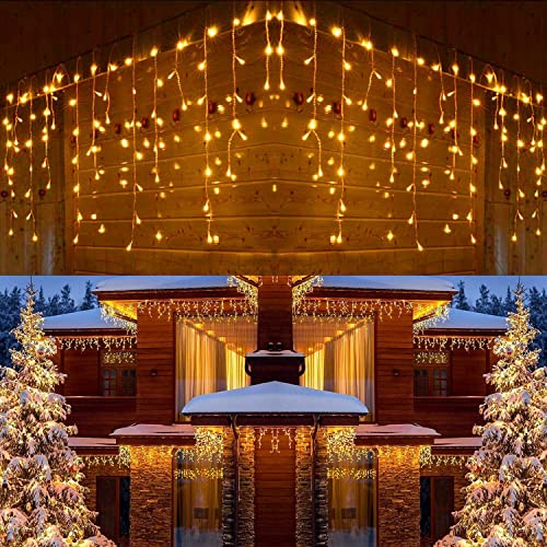 Joomer Navidad Cortina Luces Exterior, 12M 400LED Guirnaldas Luminosas de Exterior con Temporizador 8 Modos Impermeable Cascada Luces para Interiores Balcón Alero Navideña Decoración(Blanco Cálido)