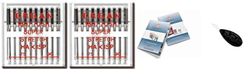 Organ Haushaltsnähmaschinennadeln, super dehnbar (HA x 1SP), 2 Packungen mit 10 Stück, Größen 75/11 & 90/14 + einzigartiger großer Nadeleinfädler & Organ Nadelindex-Anleitung