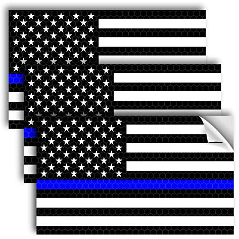 3PC Reflective Thin Blue Line Decal - 5x3 Inches - American Flag Thin Blue Line Sticker - Police Stickers - Blue Lives Matter Sticker - Back The Blue Car Decal Law Enforcement Flag Car Bumper Window