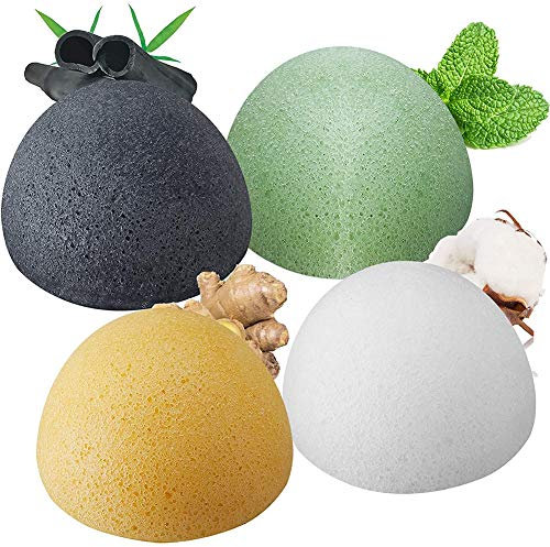 Spugna Konjac Viso,MZSM 100% Naturale Spugna Bianco/Carbone di Bambù/Tè Verde Konjac Spugna Corpo per Esfoliazione Pulizia Profonda, Sponge Konjac Set per Pelle Sensibile e Grassa 4pcs