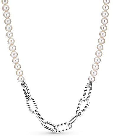 PANDORA ME Collana a maglie in argento Sterling con perla bianca coltivata d'acqua dolce, 45