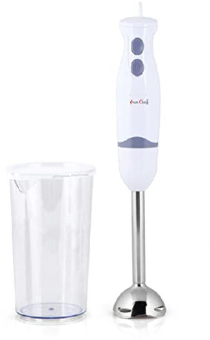 Batidora de varilla. 2 velocidades. Vaso mezclador 600ml con tapa. Potencia 400W. Brazo y cuchilla de acero Inox.