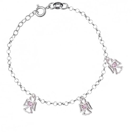 Sakrami 925 Silber Armband für Mädchen mit drei Engeln und Zirkonia Rosa Kinder Sammlung + Personalisierte Geschenkbox - Armband für Geburt Kommunion oder Taufe