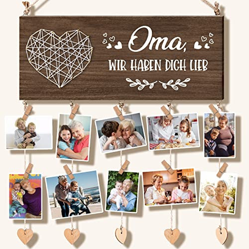 Vetbuosa Vetbuosa Oma-Geschenke-Bilderrahmen, Oma-Geburtstagsgeschenke, Wand-Bilderrahmen mit 10 Fotohalter-Clips, Oma-Geschenke von Enkelkindern, DIY Holz-Collage-Fotohalter für Heimdekoration