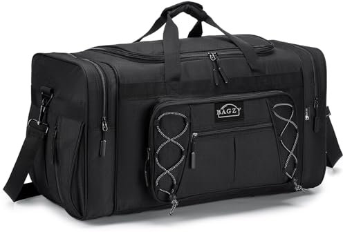 BAGZY Reisetasche 70L Große Handgepäck Gym Umhängetasche Sporttasche Handgepäck Koffer Cabin Holdall Bag Weekend Tasche Koffer Handtasche für Camping Reisen (Reines Schwarz)