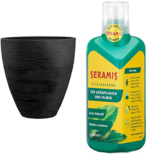 Dehner Pflanzvase Vino, Ø 40 cm, Höhe 42 cm, Kunststoff, anthrazit & Seramis Vitalnahrung für Grünpflanzen und Palmen, 500 ml – Pflanzendünger für optimales Wachstum