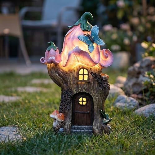 Solar Fairy House Garden Ornament with LED Light – Pink Flower Fairy House Outdoor Decoration, Waterproof Resin Fairy Garden House, Magical Garden Decor Gift for Mum, Women & Garden Lovers