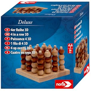 noris 606102033 Deluxe 4er Reihe 3D, Das berühmte Strategiespiel in hochwertiger Holzausführung mit Holz Kugeln und Brett, ab 6 Jahren