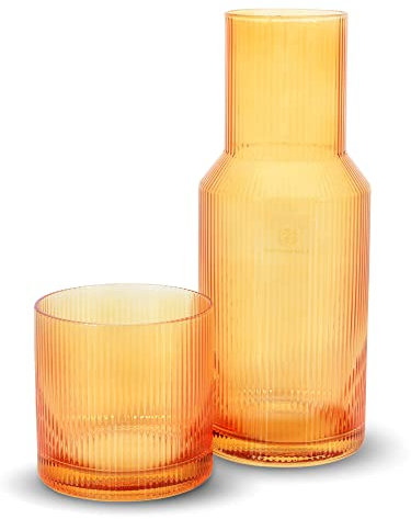 Bruno Magli Ribbed Amber Carafe | 2-Pc Set | Drinking Glass Tumbler Doubles as a Lid | Elegant Nightstand Water Pitcher with Matching Cup for Office, Home, & Guest Room D cor | Gift Boxed | 28-Oz