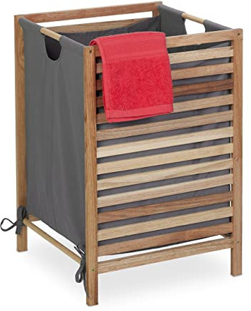 Relaxdays Cesto Ropa Sucia 60 l, Organizador Colada con Saco de Tela, sin Tapa, 63,5 x 43 x 43 cm, Baño, Natural y Gris, Madera
