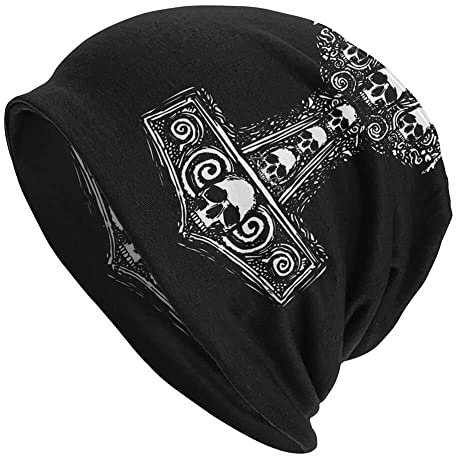 Wikinger Bedruckte Thors Hammer Beanie Mütze - Männer Frauen Verstellbare Doppelschicht Skullies Dünne Haubenkappen - Nordischer Pirat Mittelalterliche Hip Hop Mode Lässige Kopftücher