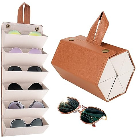 CTDMJ Aufbewahrungsbox Faltbarer 6-fach Brillenaufbewahrungsbox, PU-Leder Brillen-Aufbewahrungsbox, Brillenetui zum Aufhängen Brillenständer Brillenhalter Sonnenbrillen Brillenorganizer(Braun)