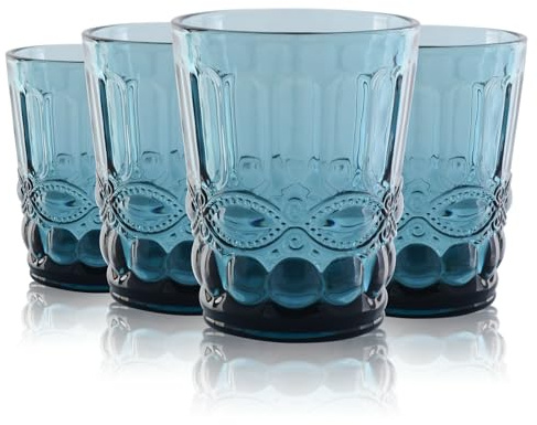 Wongblee Juego de 4 vasos de vidrio vintage de 8.5 onzas, vasos de vidrio románticos para agua, jugo, bebidas (azul)