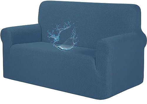 AYLFBFU Wasserdicht Sofabezüge 2 Sitzer Kariertes Jacquard-Spandex-Gewebe, Sofaschoner rutschfest Weich mit Gummizug, rutschfest, Couch Schutz für Sofas/Kinder/Haustiere, Blau