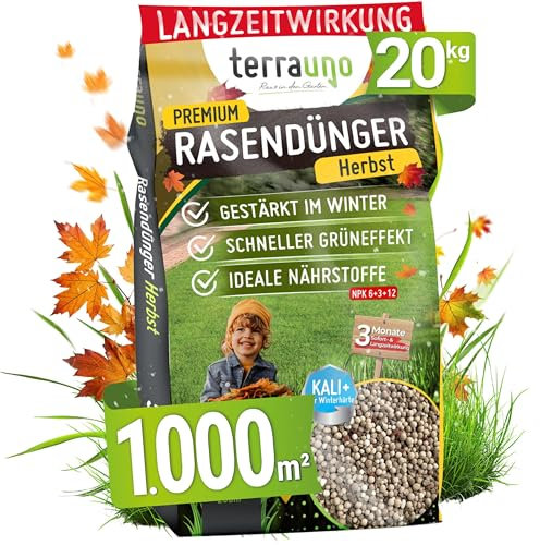 TerraUno Premium Herbstdünger Rasen, gesunder Rasen verdrängt Moos & Unkraut, Rasendünger Herbst mit 60 Tage Langzeitwirkung, 20 kg für 1000 m², Herbstrasendünger, Sofortwirkung, extra starkes Grün