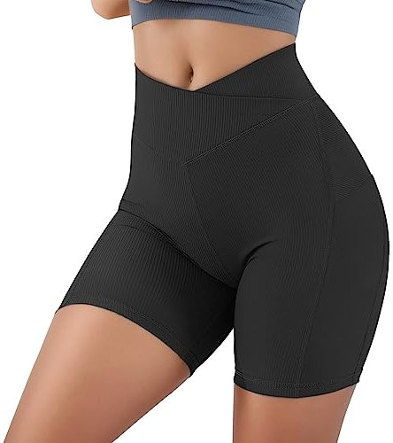 Sport-Shorts für Damen, sexy, V Cross-Taille, Laufshorts, hohe Taille, mit Taschen, Radfahrer, Damen, Pole Dance, Yogashorts, Scrunch Butt, kurze Leggings, Damen, Yoga, Laufen, Fahrrad, Schwarz, Small