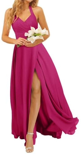 Vestidos largos de dama de honor, sin mangas, con volantes, de gasa, abertura alta, fucsia, 56