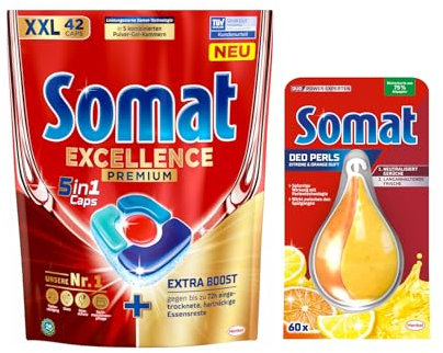 SOMAT 5in1 Caps 42 AW Excellence Premium, schnellauflösende Spülmaschinentabs, entfernen hartnäckige Essensreste + Somat Duo Power Experten Deo Perls 60 AW Zitrone & Orange Duft 17g
