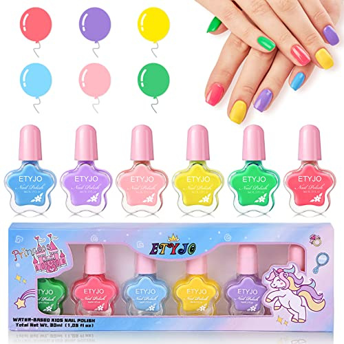 ETYJO Nail Polish for Kids, 6 Rainbow Non-Toxic Peel-Off Nail Varnish Sets for Girls, Water-Based Childrens Nail Varnish Gifts Kit for Toddlers