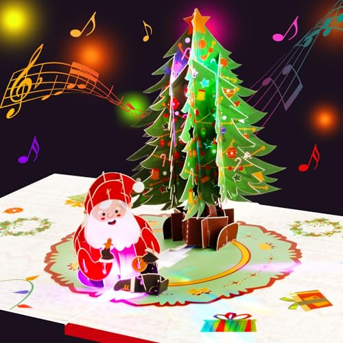 3D Pop-Up Weihnachtskarte mit Musik und LED-Beleuchtung, Santa Claus und Weihnachtsbaum, Handgefertigte Festliche Weihnachtskarte mit leuchtenden Lichtern, für Kinder und Erwachsene