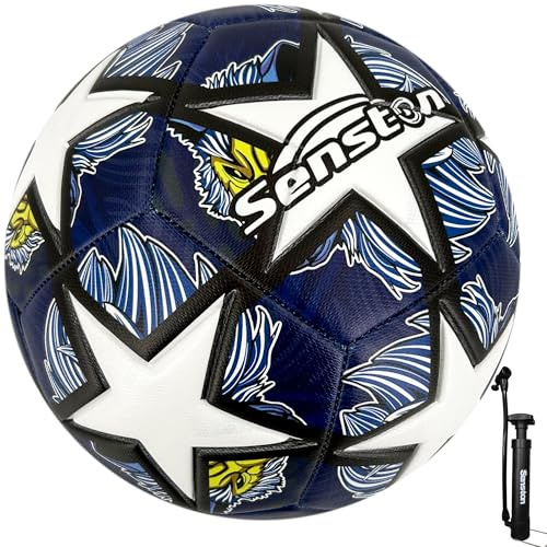 Senston Fotboll storlek 5 med 3D-textur redo för utomhusbruk, mjuk fotboll med pump för vanliga fester, träning och fotbollskurser, blå