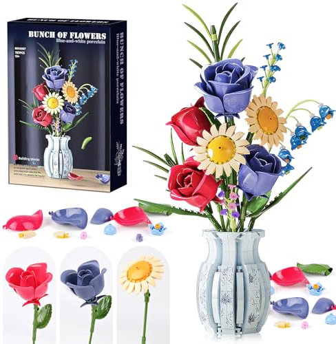 Euakee Construction de Bouquet de Fleurs, Ensemble de Construction de Bouquet de Fleurs avec Vase, Amusez-Vous à Construire des Fleurs Artificielles, Cadeau de Construction (Céladon)