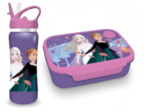 Diakakis Disney Frozen Kids Childrens Lunch Box Set – Sandwich Box & Stainless Steel Water Bottle 500ml - School Travel Lunch Food Set, BPA Free
