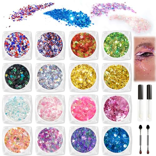 SIUSIO 16 Farben Holografischer Body Glitter mit Kleber und Applikator, Glitzer für Augen, Haare und Körper Festival Glitzer Gesicht als Festival Accessoires für Maskenball, Karneval und Party Make-up