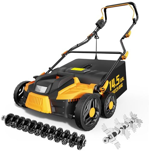 TIECTOWN 2026 Upgrade 16-Inch 15.5 Amp 2-in-1 Electric Dethatcher and Scarifier with 14.5-Gallon Collection Bag, Lawn Dethatcher with 5-Position Depth Adjustment, Keeps Lawn Healthy - Yellow