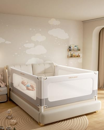 3 Piece Bed Rails for King Size Bed, No-Drill Needed Baby Bed Rail Guard for Toddlers with Height Adjustable, Thickened Child Safety Side Railing Guards/Bedrail for Kids, White/Grey, 74.8x78.7x78.7in