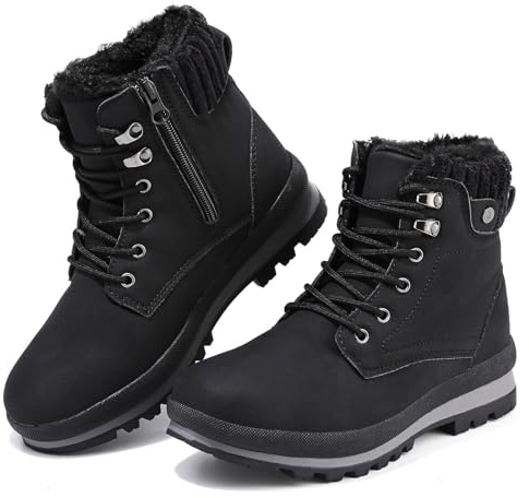 Hanani Snow Boots Womens Winter Ankle Waterproof Fur Lined Leather Walking Lace Up Zipper Lightweight Outdoor Ladies Warm Shoes Non Slip Mid Calf