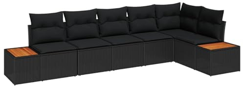 vidaXL Trädgårdsoffset med kudde 6 pcs Svart Poly rattan, Trädgårdsoffas, modern rottingmöbel, lätt, modulär utemöbler för terrass, UV-beständig akaciaträ