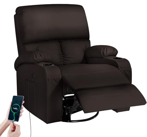 Schaukelstuhl mit Relaxfunktion, Massagesessel mit Vibration und Wärme, USB- und Type-C-Anschlüsse, 360° drehbare Kunstledersessel, Wohnzimmer, Schlafzimmer, Kinderzimmer, Wohnmobil, Braun