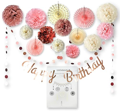 LowCarbonLife Zartrosa Mix Geburtstag Deko Set 18-teilig – Happy Birthday Girlande, Pompons & Papierfächer – Rosa Roségold Partydeko für Geburtstag, Kindergeburtstag, Babyshower