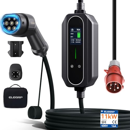 ELEGRP 11 KW Mobile Wallbox med laddningskabel typ 2, trefas EV-laddare, justerbar från 6 till 16 A, 5 m kabel, IP67 vattentät, mobil laddningsstation IEC 62196-2