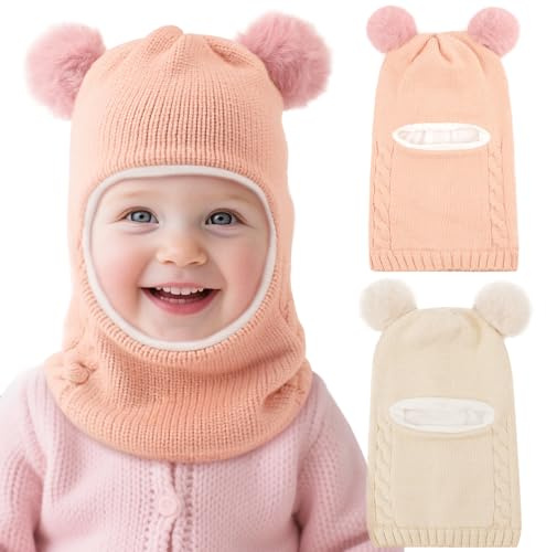 DRESHOW Kinder Wintermütze Warme Schal Schlupfmütze Strickmütze Kapuze Weiche Schalmütze mit Doppelt Bommel Pom Pom Beanie Mütze für Kleinkinder Jungen Mädchen 2-5 Jahre