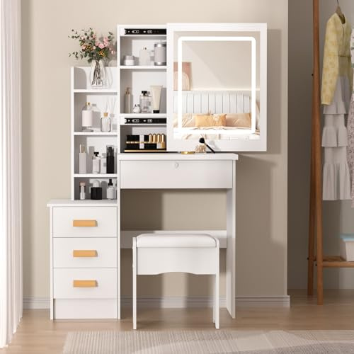 Generico Postazione Trucco, Toeletta Trucco con Specchio e Luci, Toilette Trucco con Sgabello, Cassetti e Ripiani, Spazio di Archiviazione Nascosto