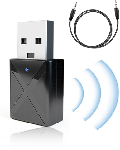 MYGLOAR Receptor Bluetooth USB 5.0 para automóvil nuevo 2025 con entrada auxiliar de 3,5 mm, interfaz USB Plug and Play, micrófono incorporado, conexión dual para automóvil/PC/TV/altavoces con cable