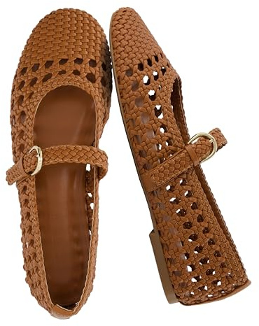 CUSHIONAIRE Windsor Woven Womens Flats with Adjustable Strap – Comfortable Mary Jane Ballet Flats for Women, Cognac 11