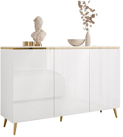 Lookway Kommode Aurora 3D– Weiß Hochglanz mit Golddekor, Hängend oder Stehend auf Goldfüßen – Modernes Design, Luxus & Stauraum (schräge Gold Chrom Beine)