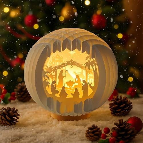 Weihnachtsdeko Innen LED Krippe Lichter mit Schatten-Effekt Kreative 3D Papier-Skulptur Nachtlicht mit Holzsockel, USB Tischlampe Weihnachten Tischdeko Beleuchtung Für Schlafzimmer, Basteln Geschenk